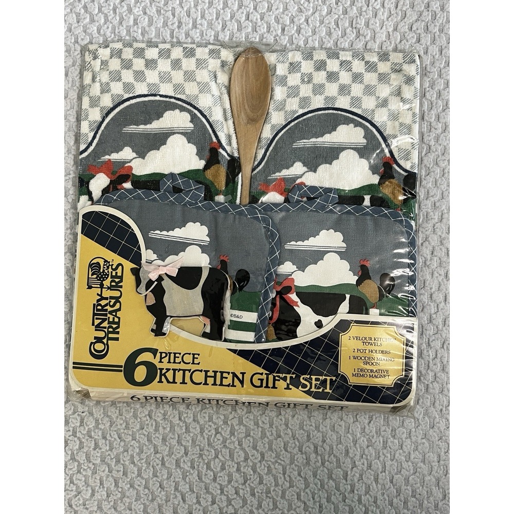 Vtg Cottagecore Farmhouse Kitchen Towel Pot Holder Cow Chicken Country Linen